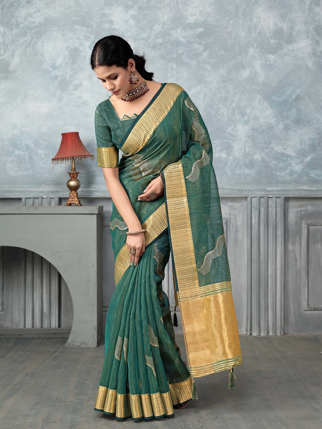 

NIRMAL CREATION Embroidered Zari Tissue Saree, Green