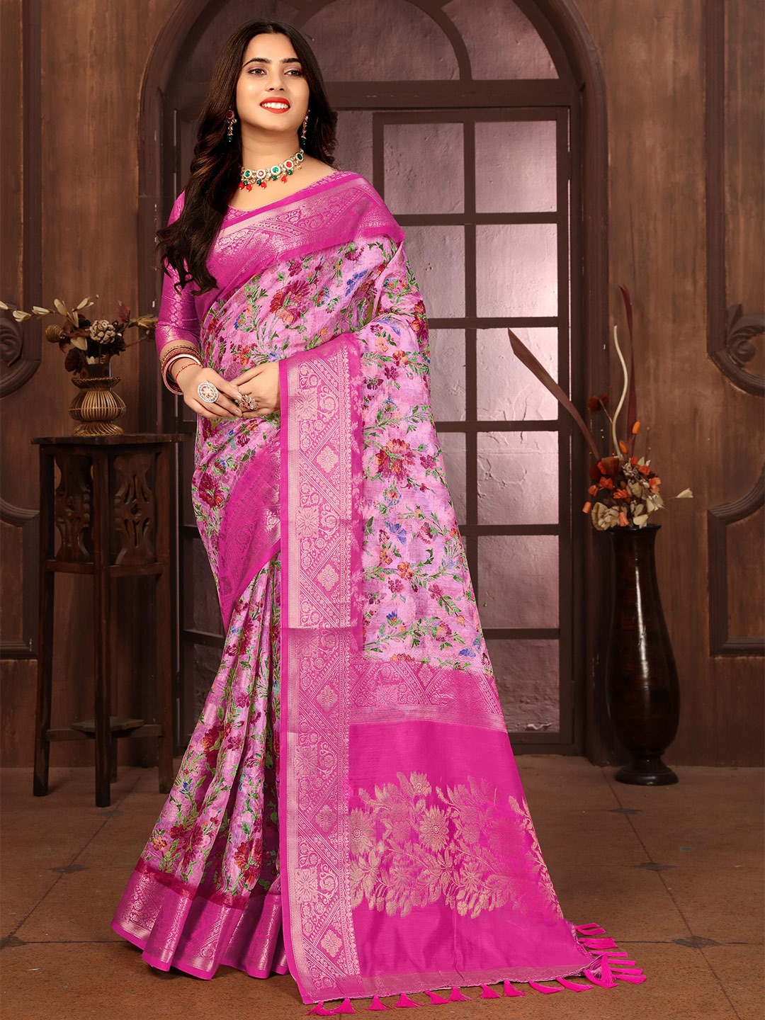 

NIRMAL CREATION Floral Printed Woven Design Zari Saree, Pink