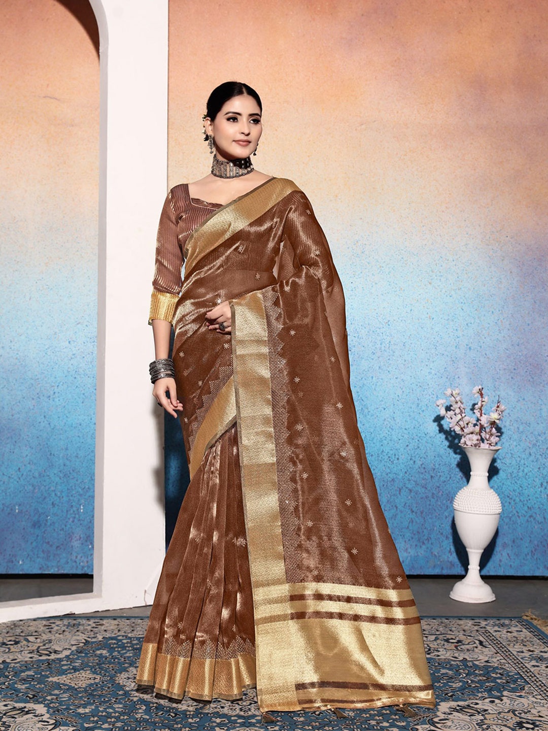 

NIRMAL CREATION Ethnic Motifs Zari Tissue Saree, Brown