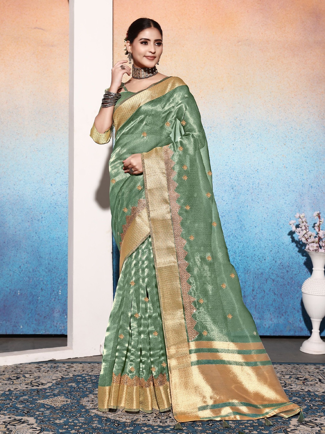 

NIRMAL CREATION Woven Design Embroidered Tissue Saree, Turquoise blue