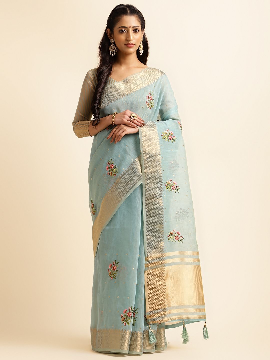 

NIRMAL CREATION Floral Embroidered Zari Pure Cotton Saree, Turquoise blue