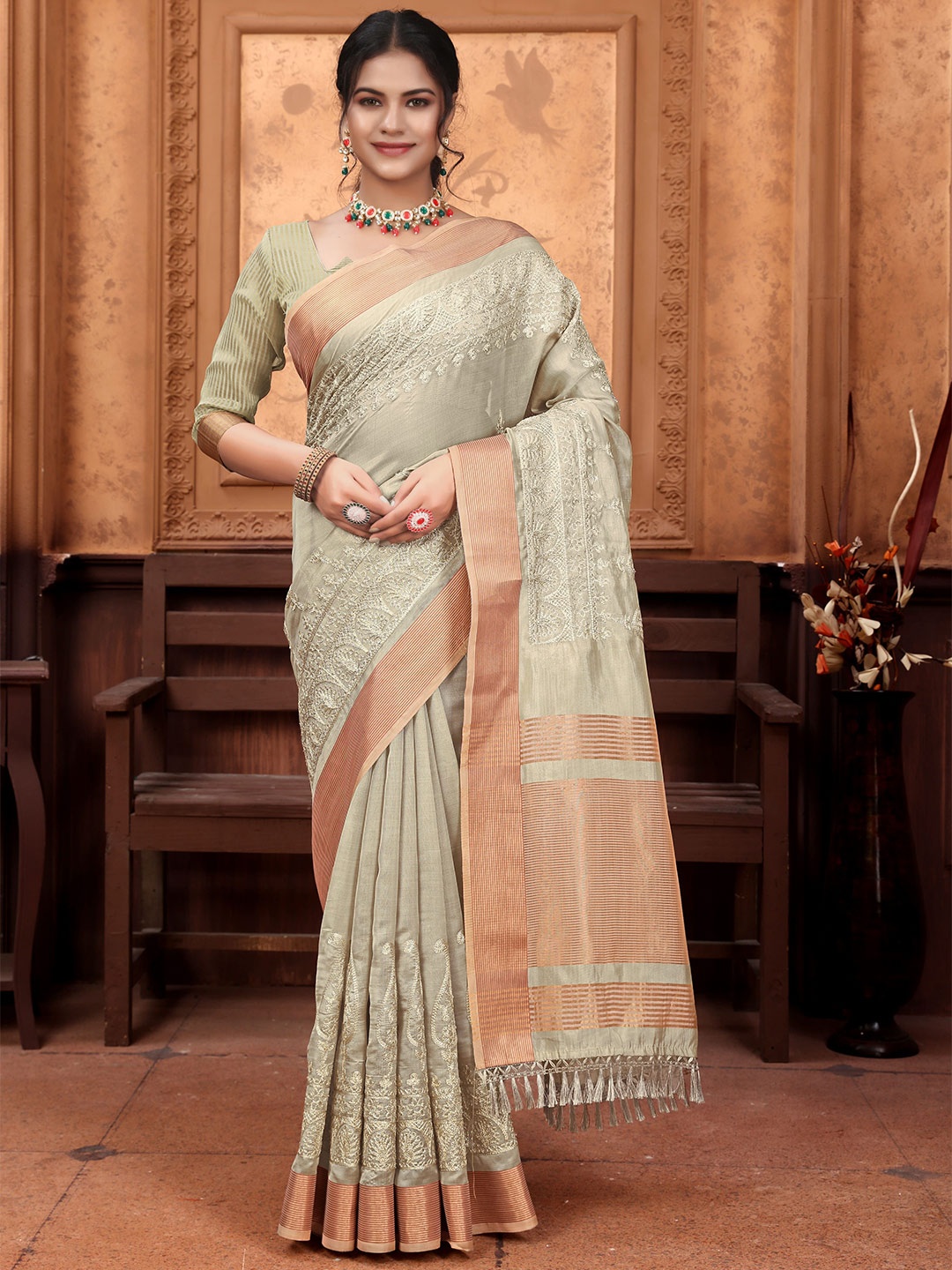

NIRMAL CREATION Women Embroidered Pure Cotton Saree, Green