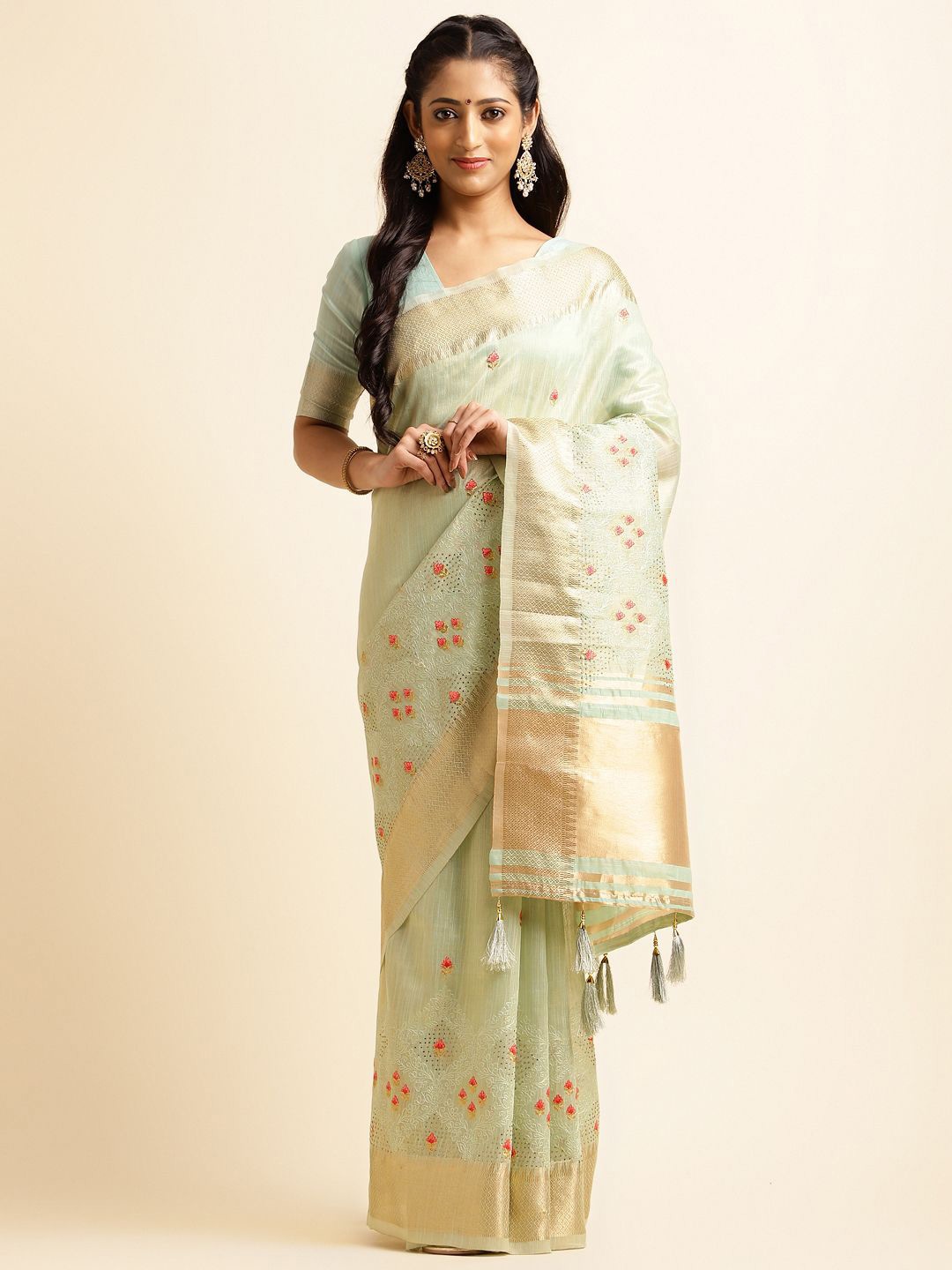 

NIRMAL CREATION Embroidered Zari Pure Cotton Saree, Green