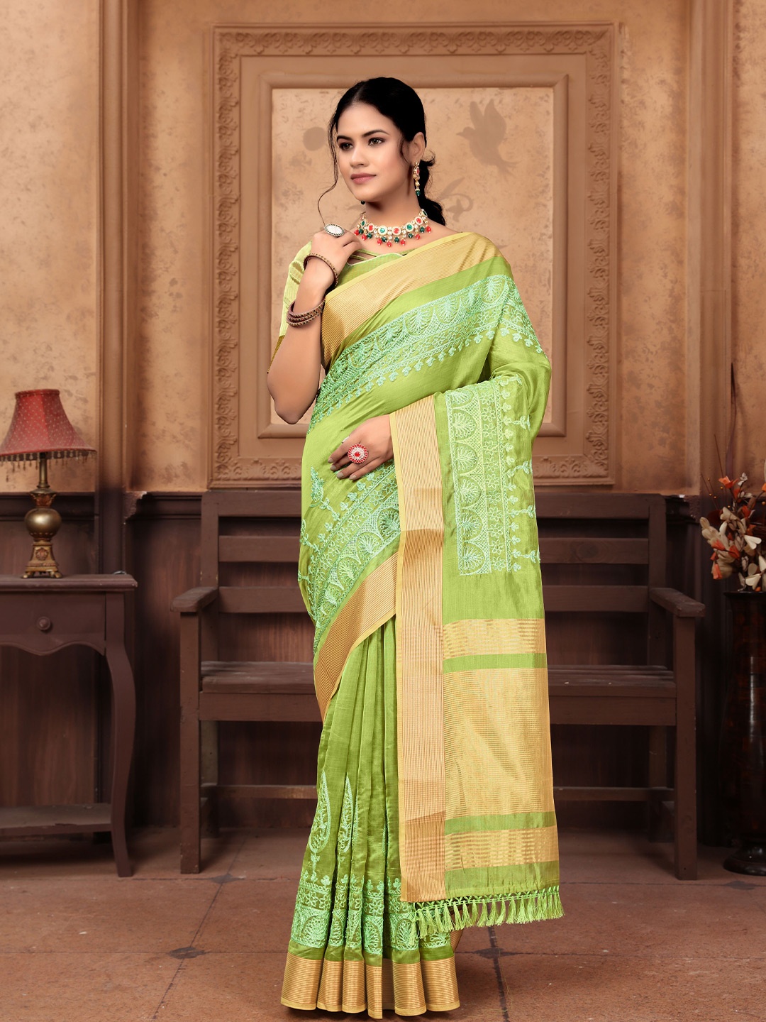 

NIRMAL CREATION Ethnic Motifs Embroidered Zari Pure Cotton Saree, Green