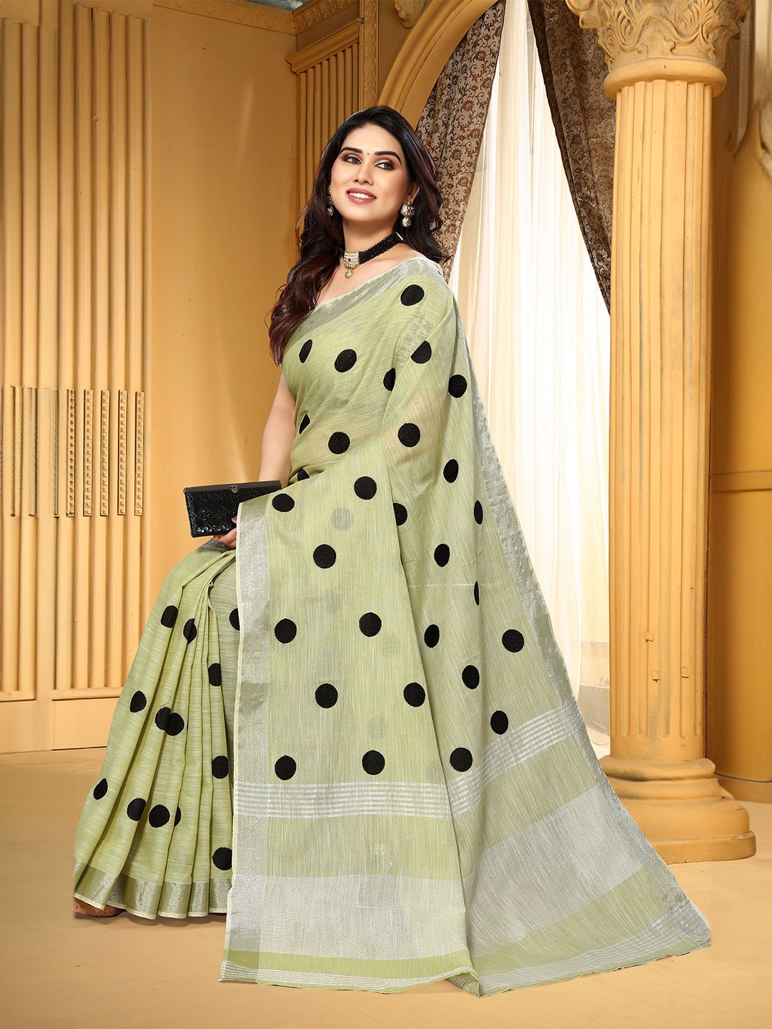 

NIRMAL CREATION Polka Dot Zari Pure Cotton Saree, Green
