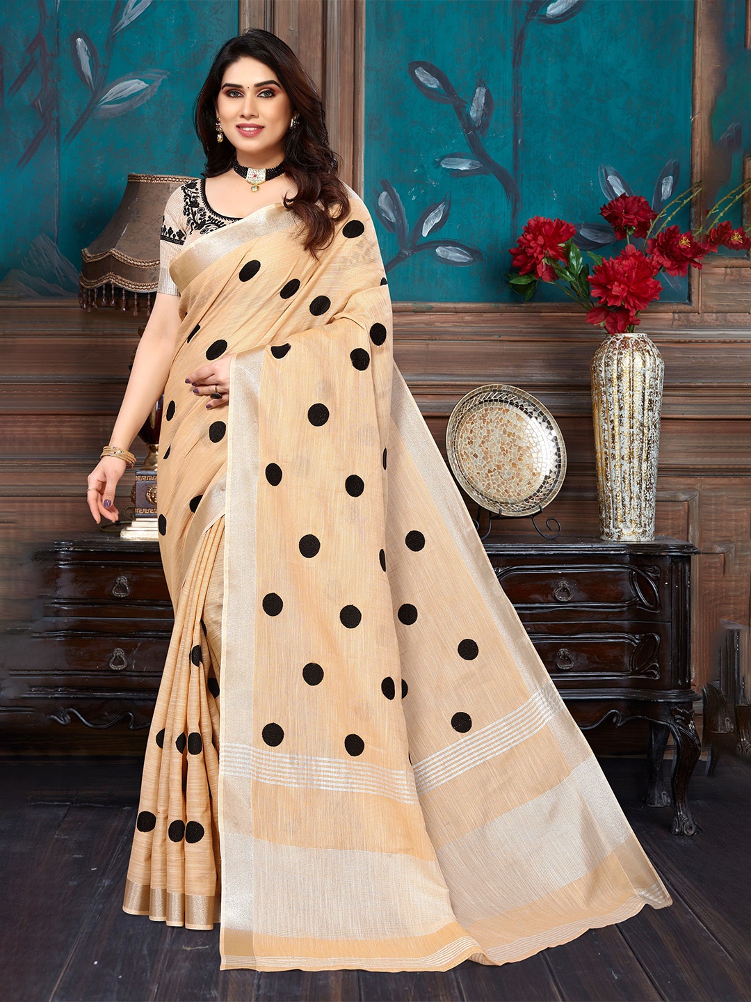 

NIRMAL CREATION Polka Dots Embroidered Zari Pure Cotton Saree, Orange