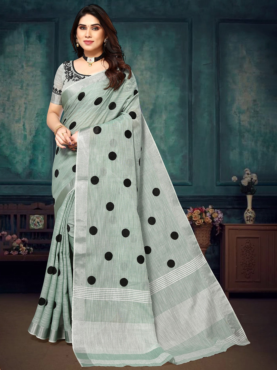 

NIRMAL CREATION Polka Dots Embroidered Zari Pure Cotton Saree, Green