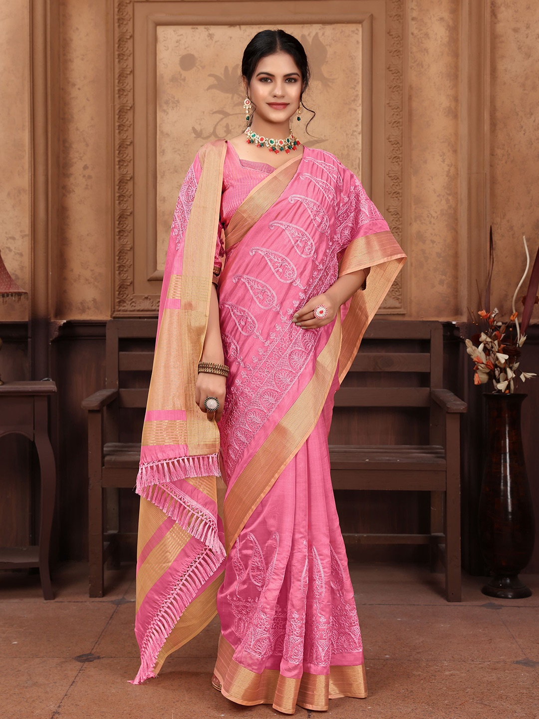 

NIRMAL CREATION Ethnic Motifs Embroidered Pure Cotton Saree, Pink