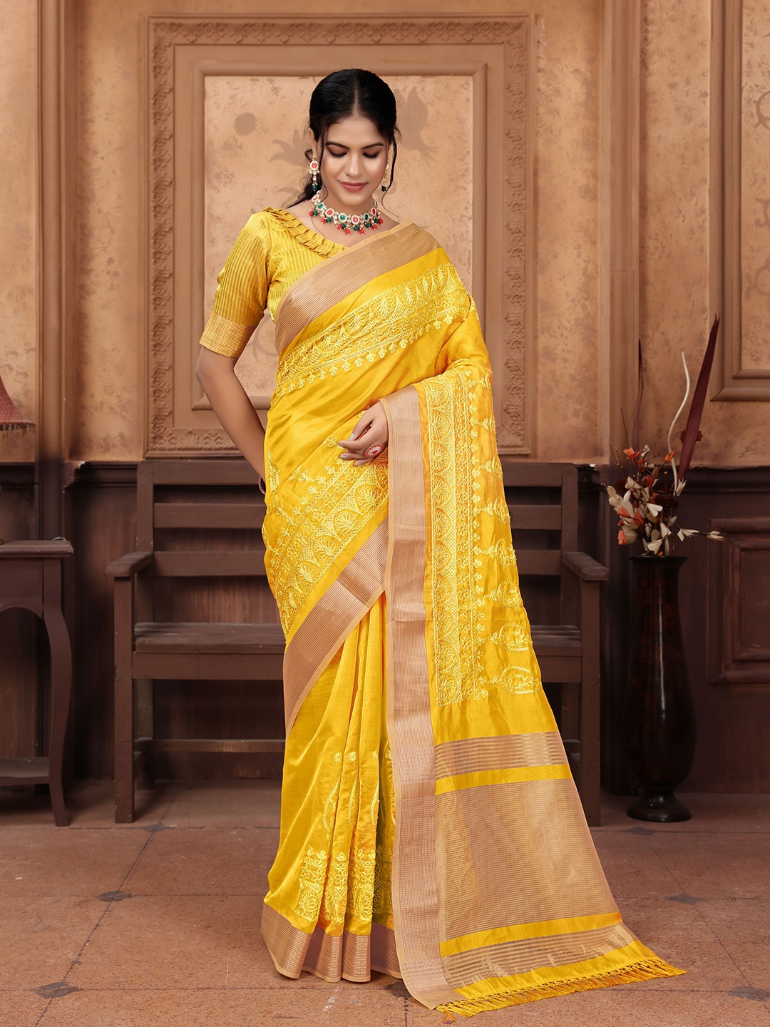 

NIRMAL CREATION Floral Embroidered Pure Cotton Saree, Yellow