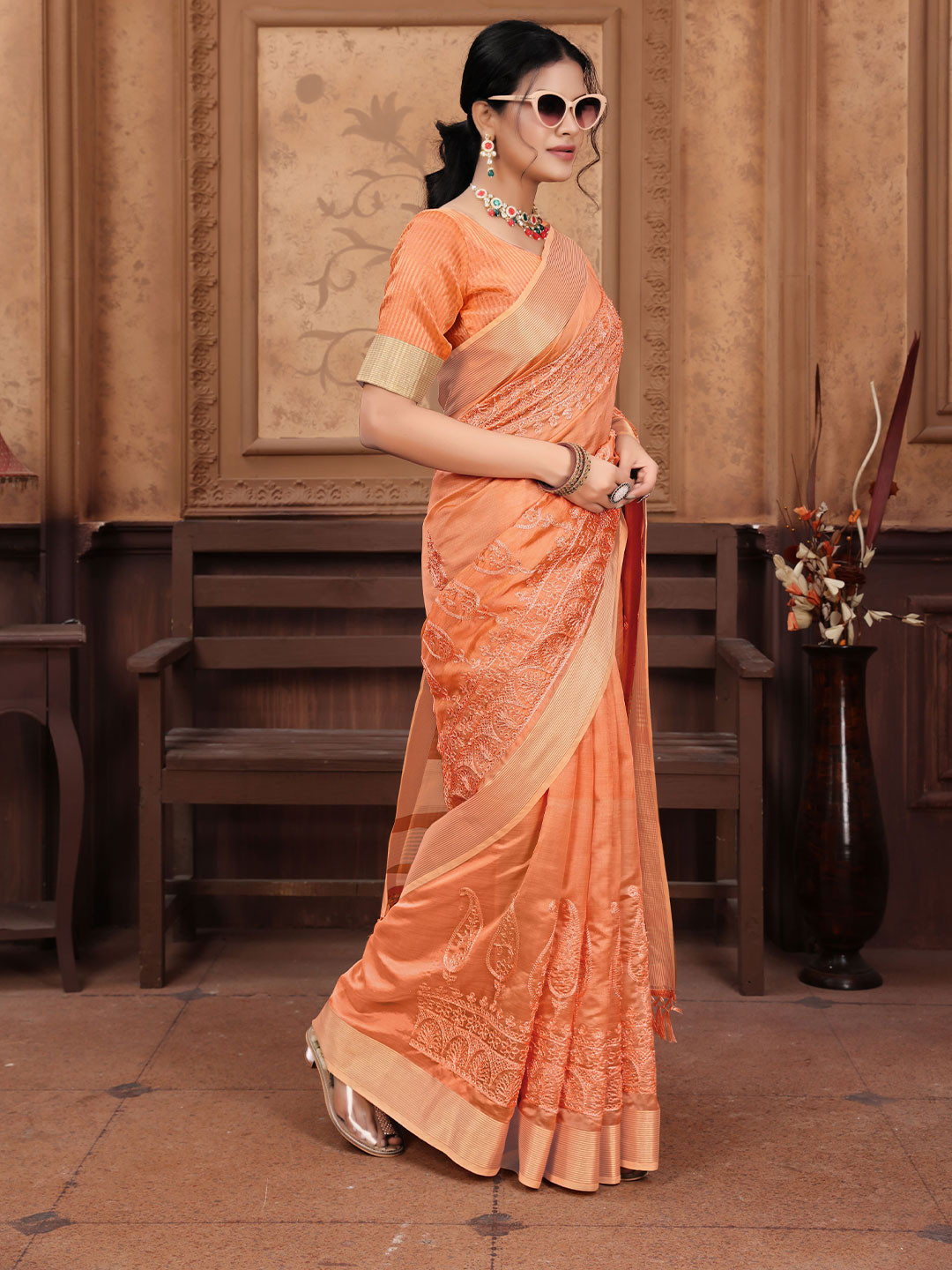 

NIRMAL CREATION Ethnic Motifs Embroidered Pure Cotton Saree, Orange