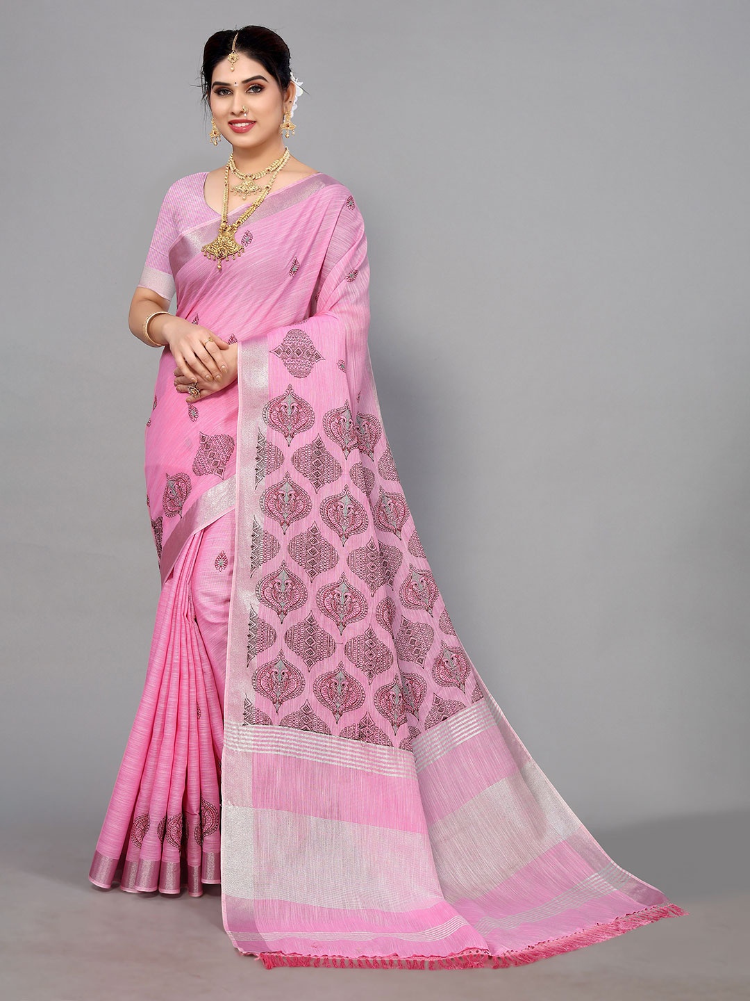 

NIRMAL CREATION Ethnic Motifs Zari Saree, Pink