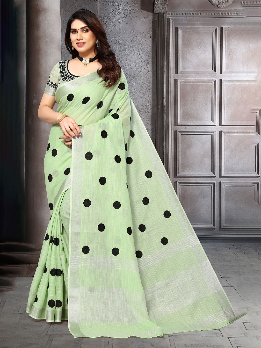 

NIRMAL CREATION Polka Dot Printed Zari Pure Cotton Saree, Green