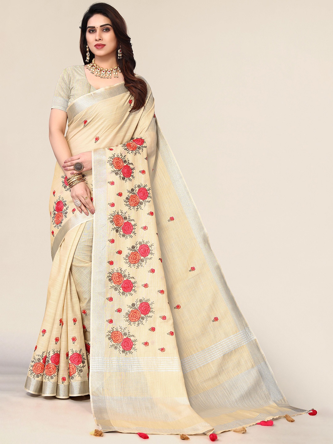 

NIRMAL CREATION Floral Embroidered Zari Pure Cotton Saree, Yellow