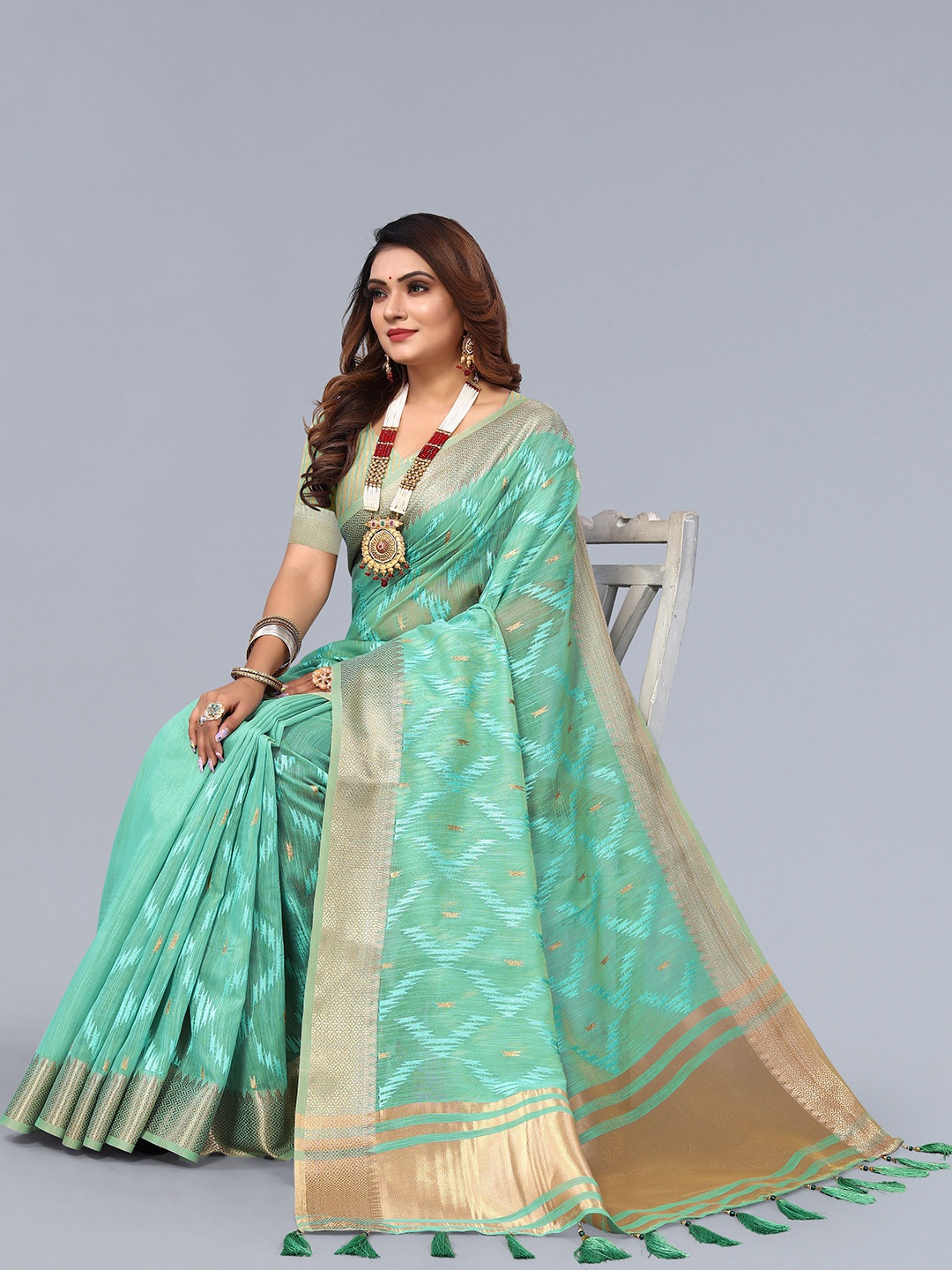 

NIRMAL CREATION Woven Design Zari Pure Cotton Saree, Green