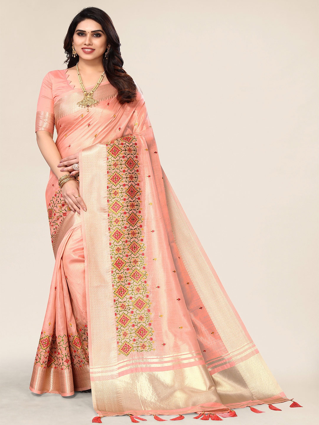 

NIRMAL CREATION Ethnic Motifs Embroidered Pure Cotton Saree, Peach