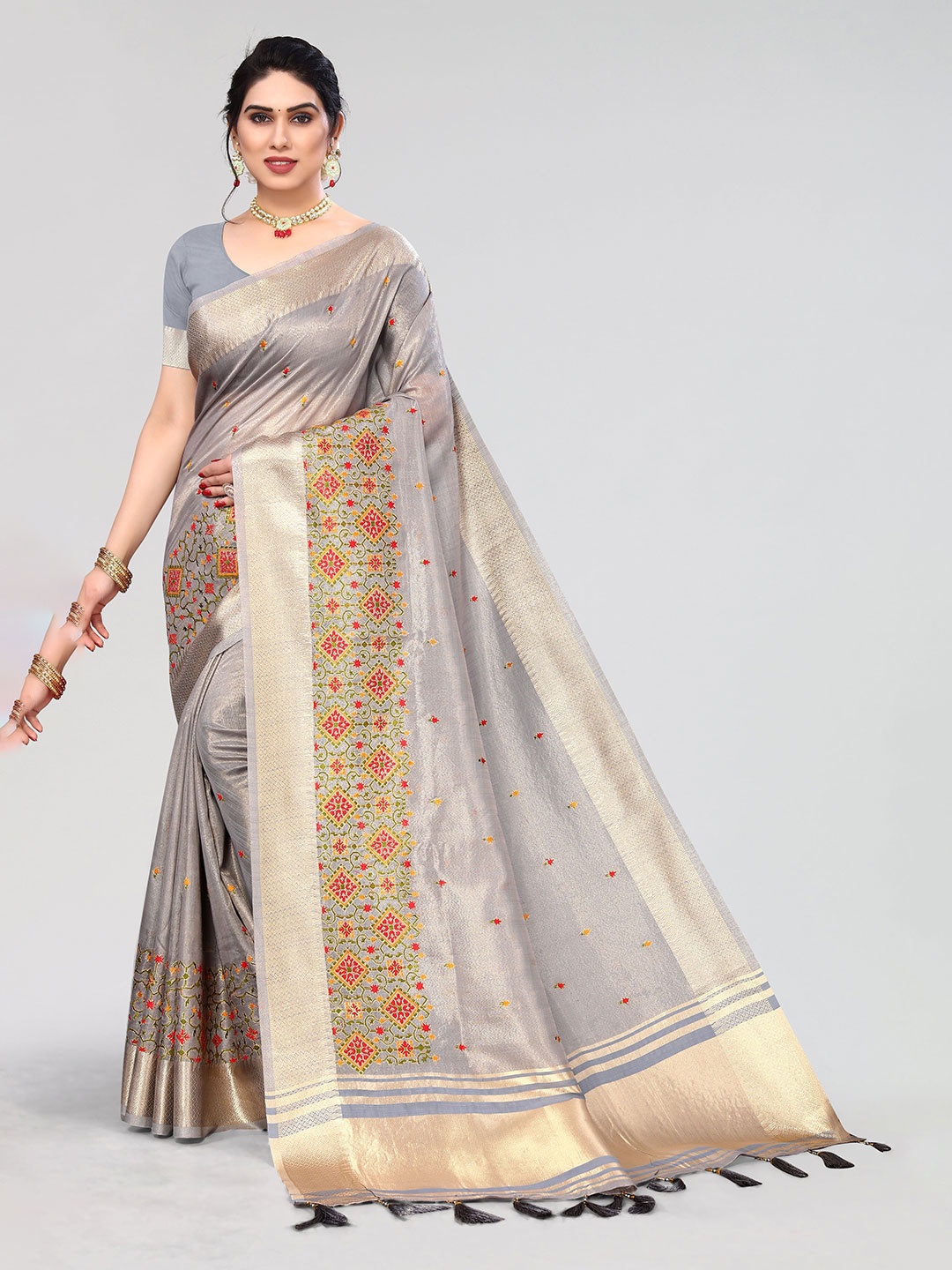 

NIRMAL CREATION Woven Design Zari Pure Cotton Saree, Grey