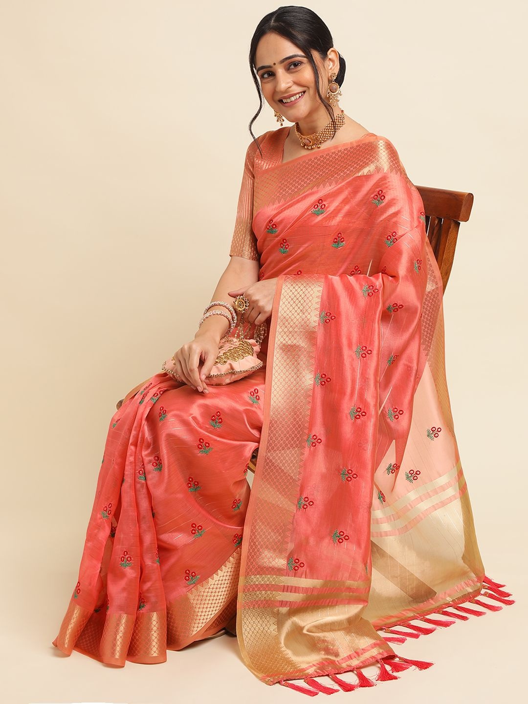 

NIRMAL CREATION Floral Embroidered Pure Cotton Saree, Red