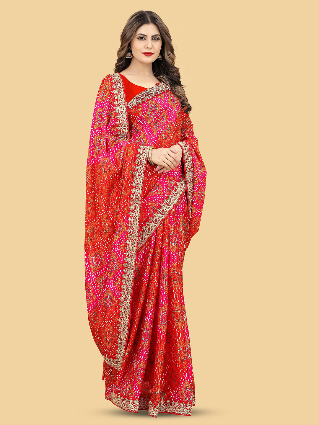 

NIRMAL CREATION Bandhani Printed Embroidered Saree, Pink