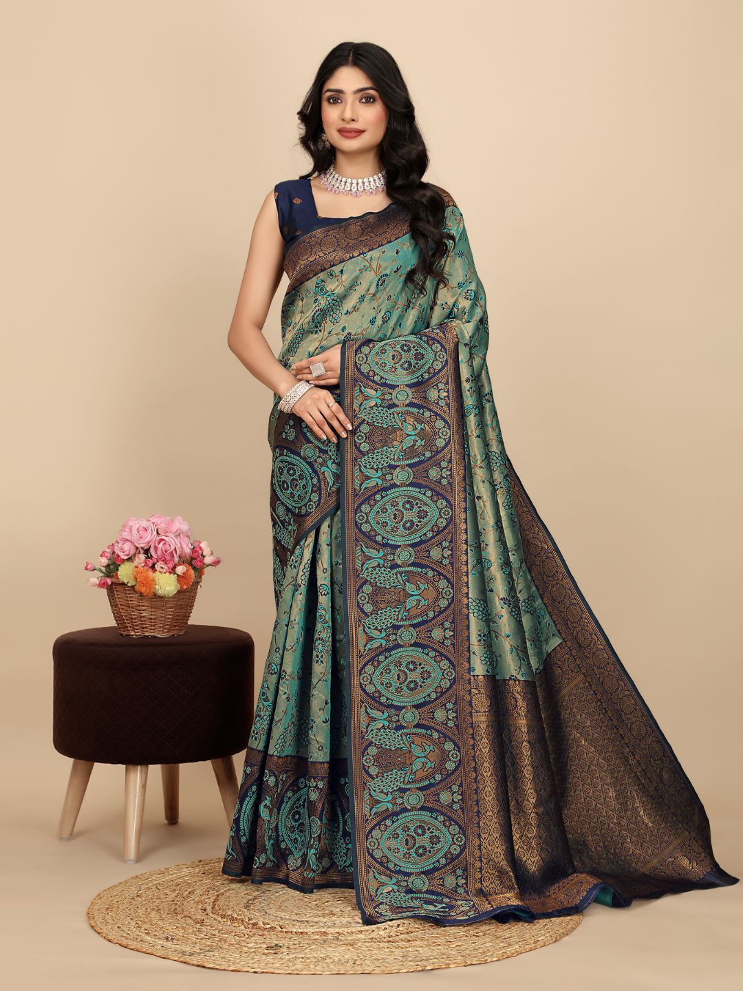 

Angoor Saree Floral Woven Design Zari Kanjeevaram Sarees, Green