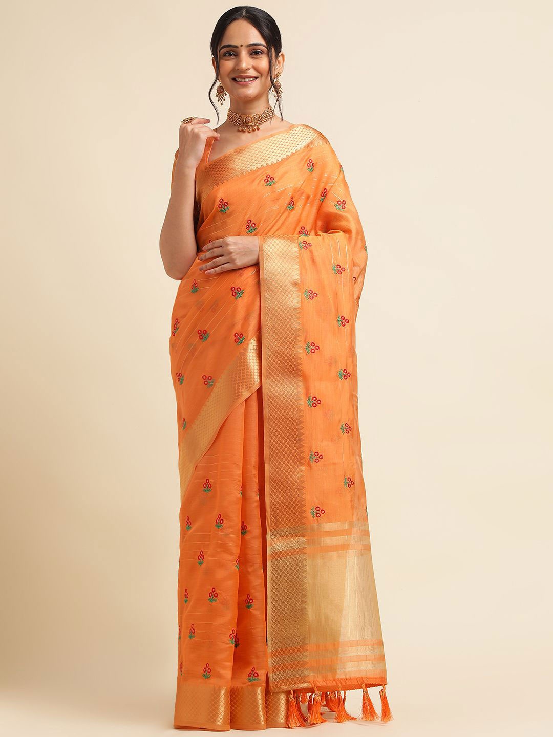 

NIRMAL CREATION Floral Zari Pure Cotton Saree, Orange