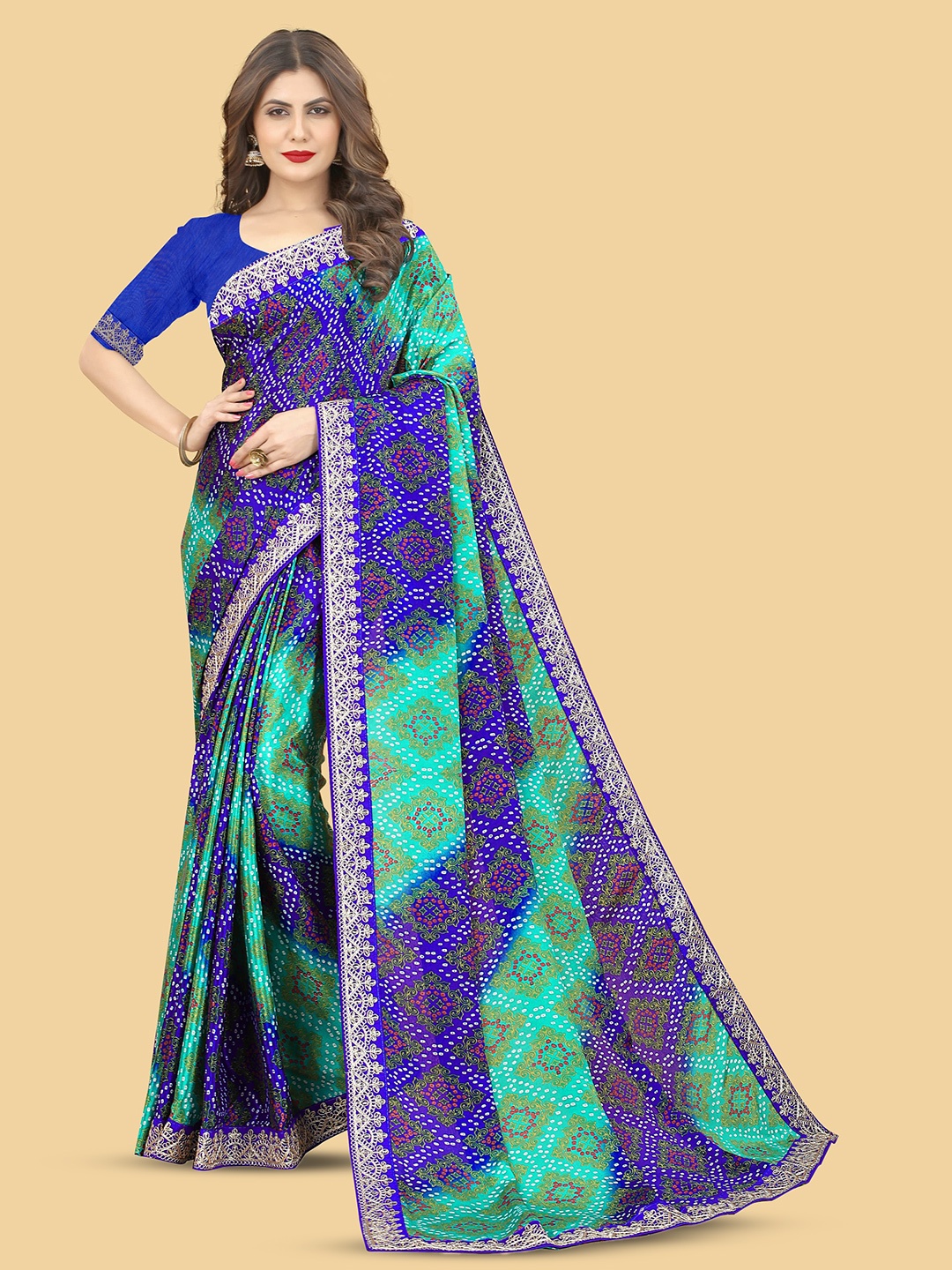 

NIRMAL CREATION Embroidered Bandhani Saree, Turquoise blue