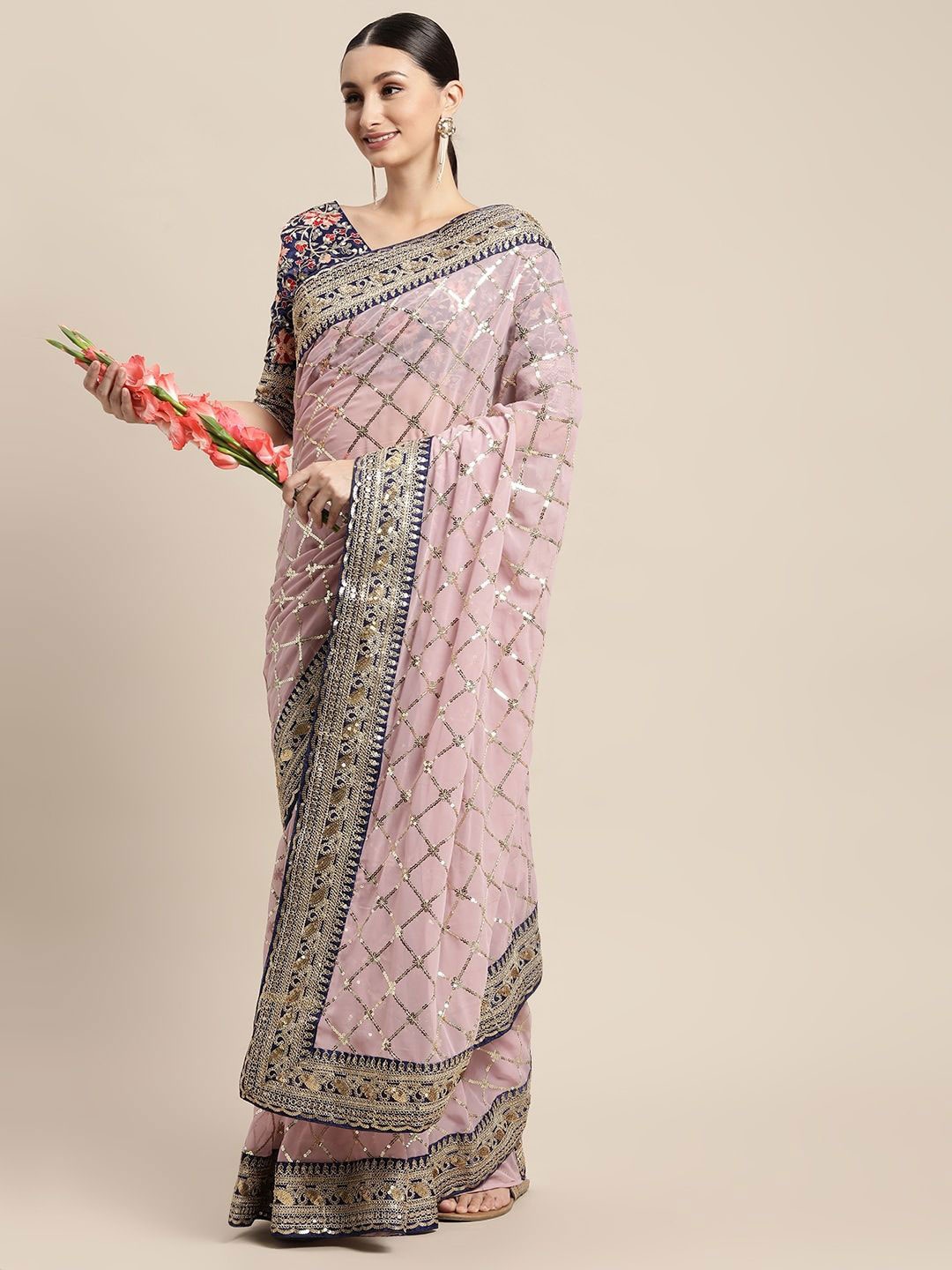 

NIRMAL CREATION Embellished Embroidered Pure Georgette Saree, Pink