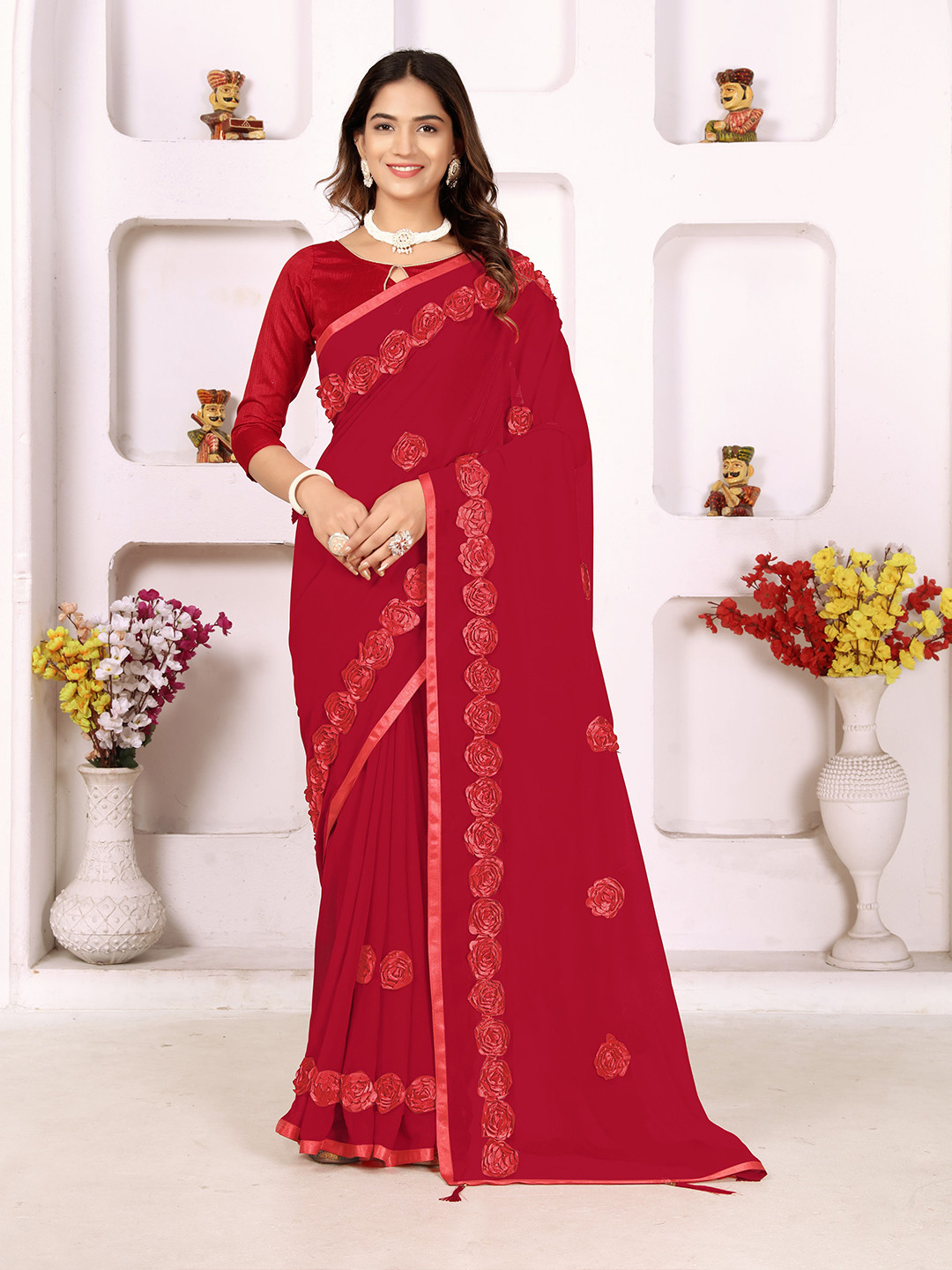 

NIRMAL CREATION Women Floral Embroidered Pure Georgette Saree, Red