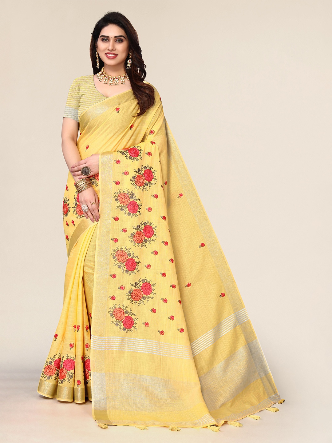 

NIRMAL CREATION Floral Zari Pure Cotton Saree, Yellow