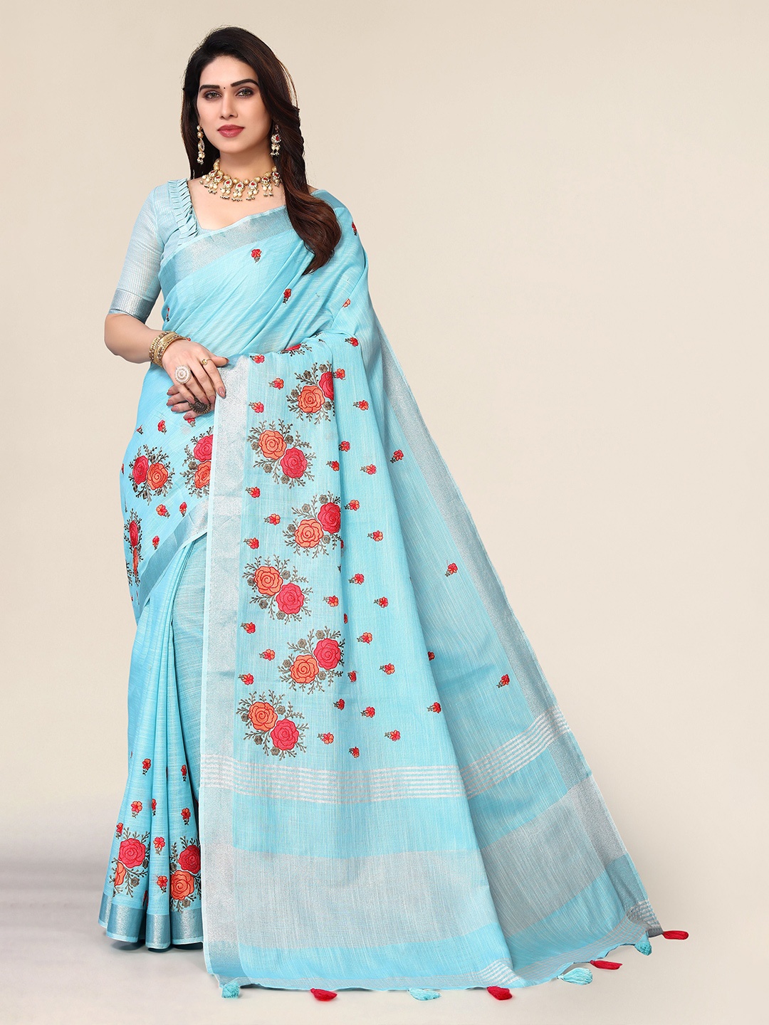 

NIRMAL CREATION Floral Pure Cotton Saree, Turquoise blue