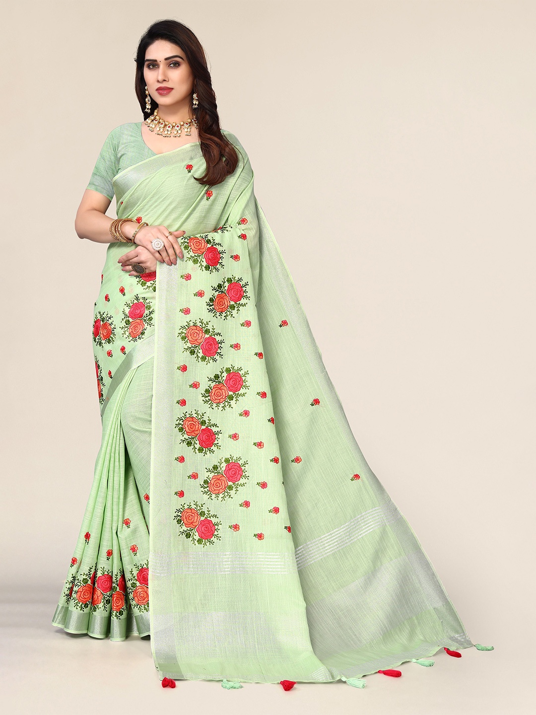 

NIRMAL CREATION Women Floral Printed Pure Cotton Saree, Green