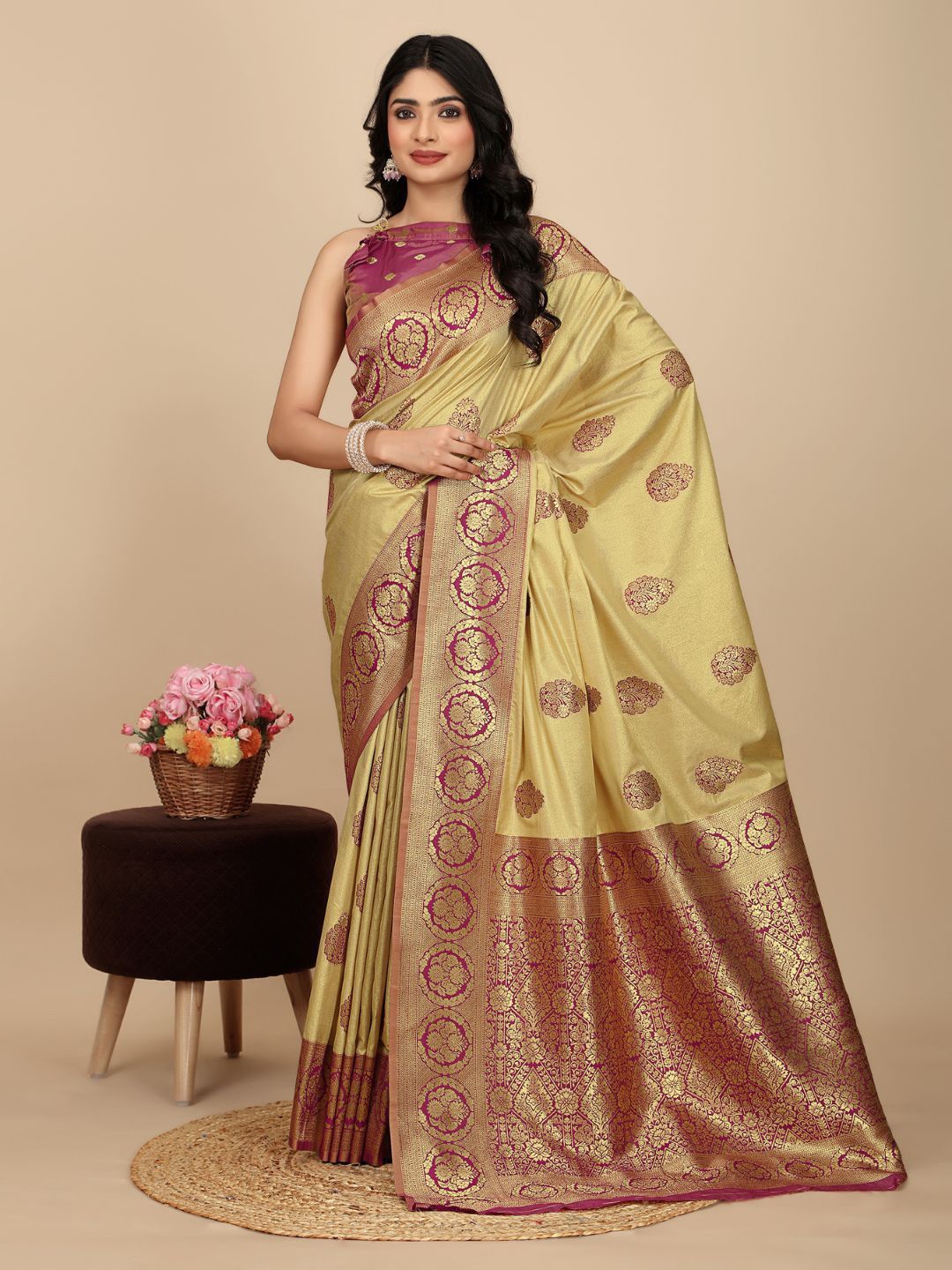 

Angoor Saree Floral Woven Design Zari Sarees, Yellow