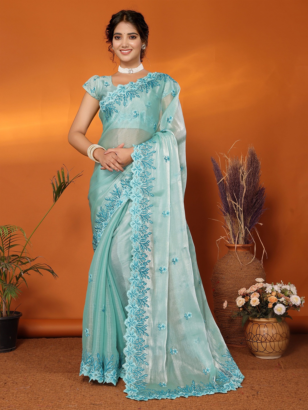 

NIRMAL CREATION Floral Embroidered Beads and Stones Saree, Turquoise blue