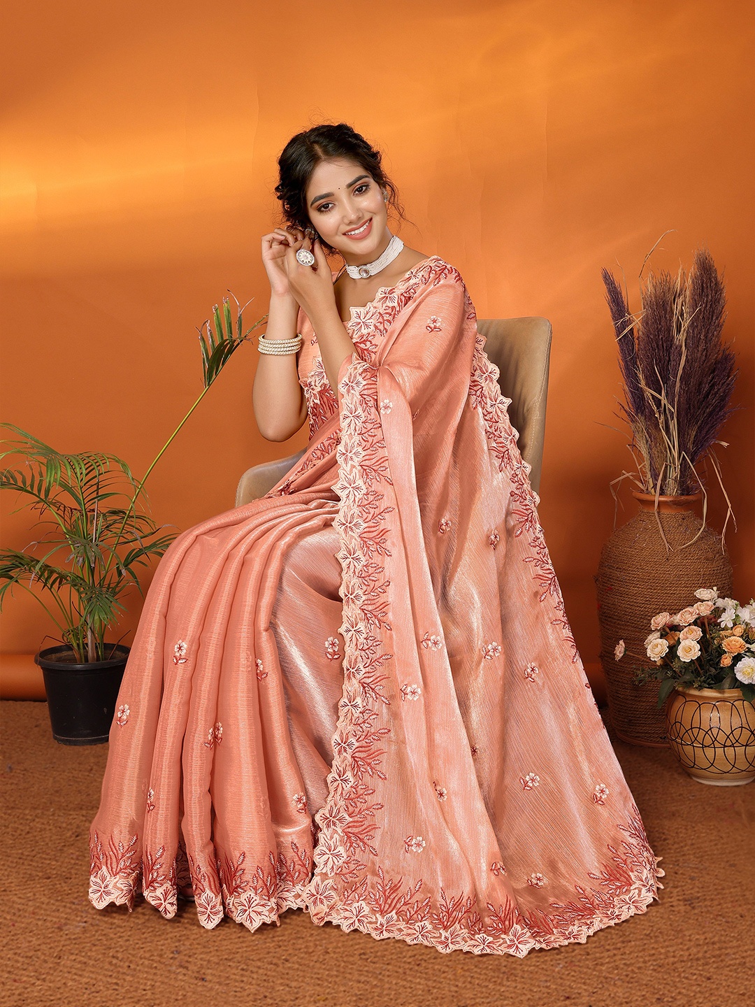 

NIRMAL CREATION Floral Embroidered Saree, Orange