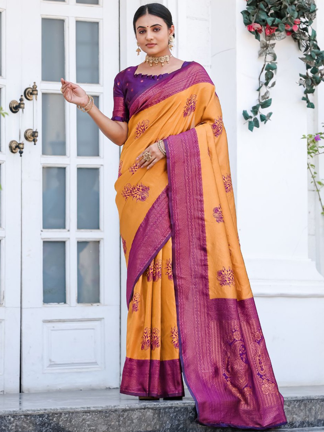 

Angoor Saree Woven Design Zari Kanjeevaram Saree, Mustard