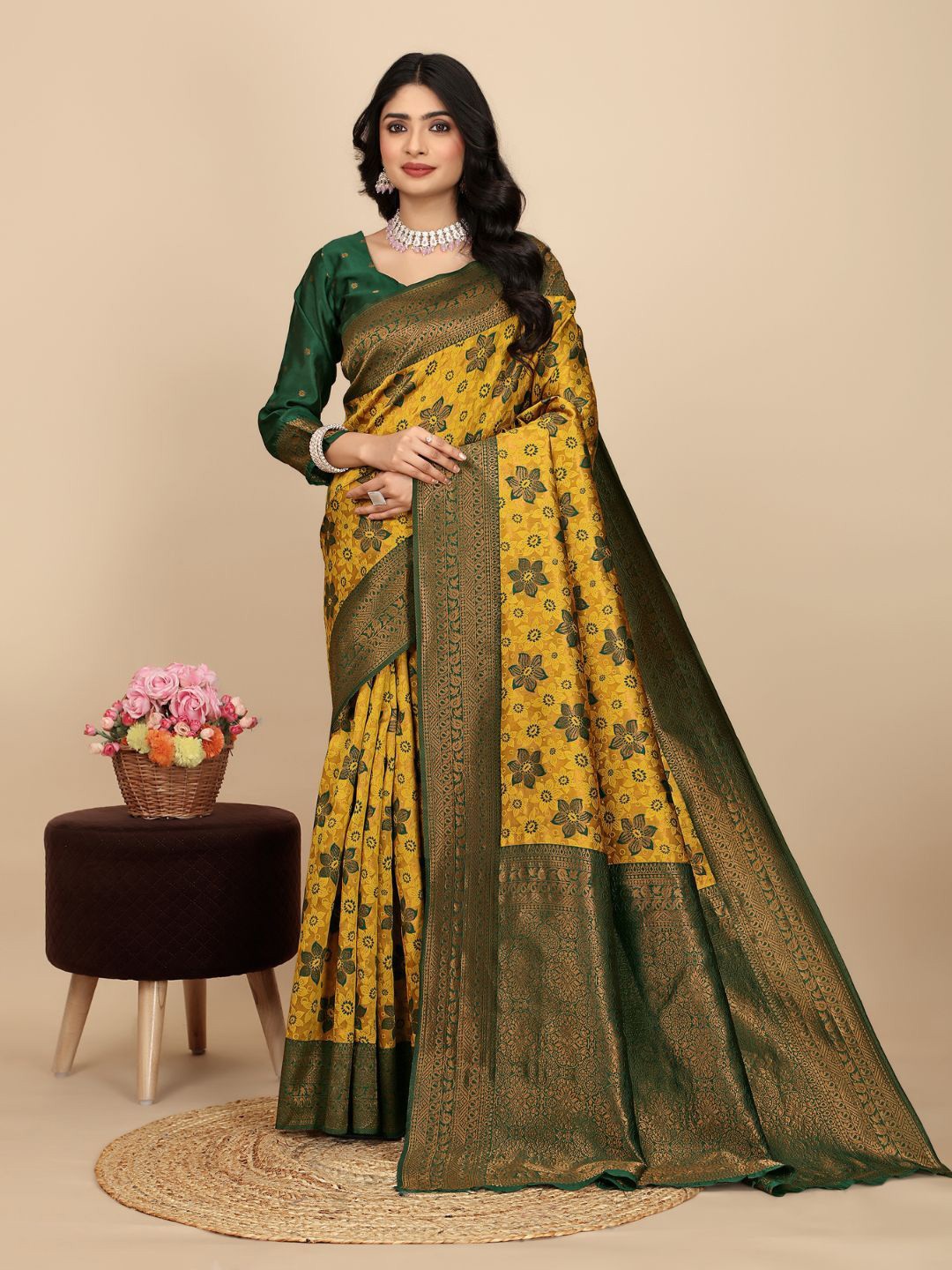 

Angoor Saree Floral Woven Design Zari Kanjeevaram Sarees, Yellow