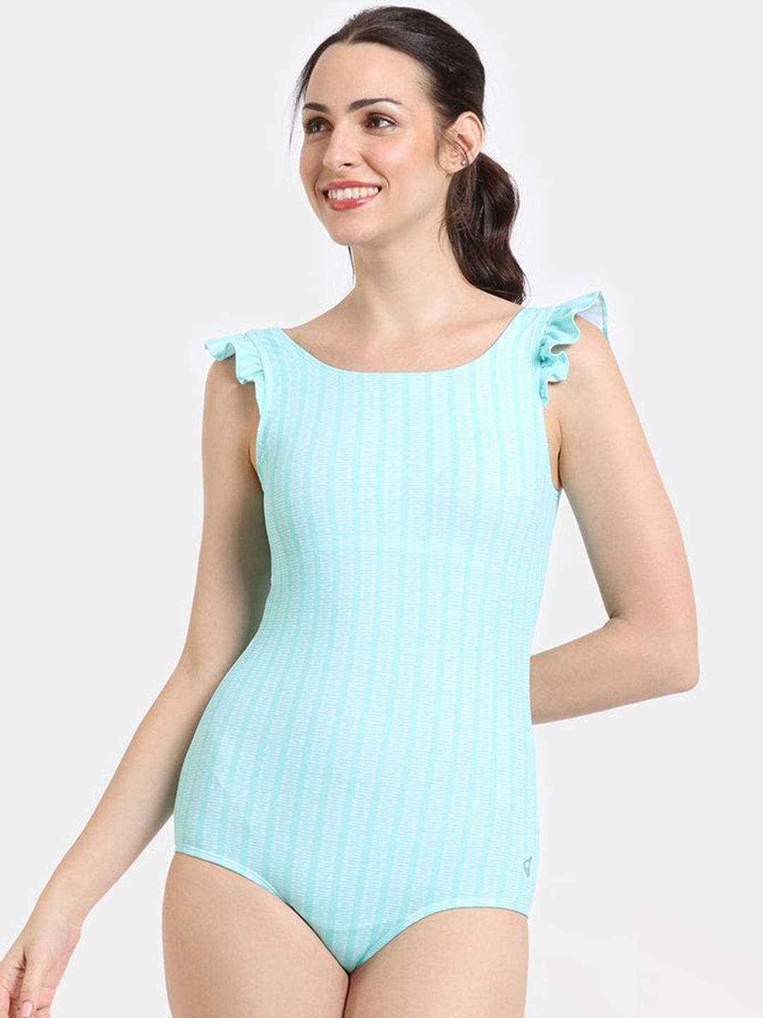 

Zelocity by Zivame Women Striped Full Coverage Round Neck Bodysuit, Blue