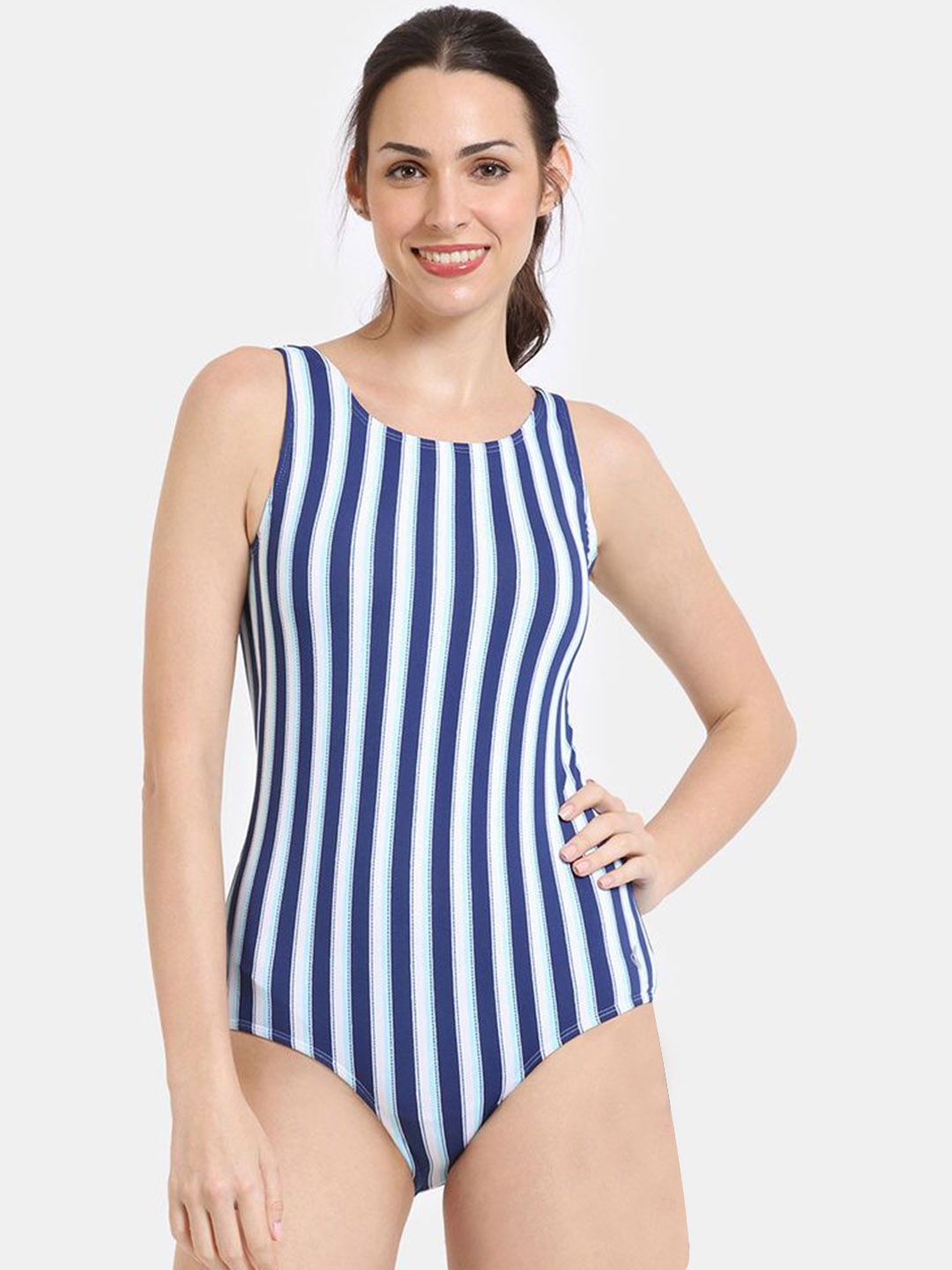 

Zelocity by Zivame Women Full Coverage Striped Round Neck Bodysuit, Navy blue
