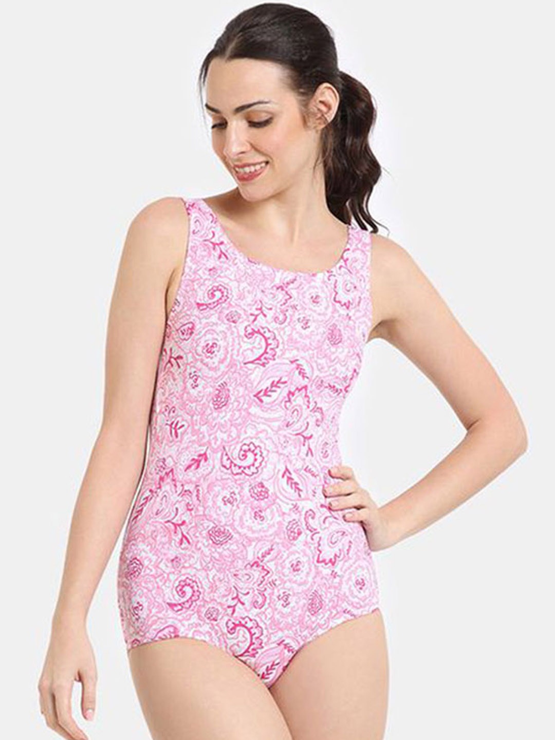 

Zelocity by Zivame Women Printed Round Neck Bodysuit, Pink
