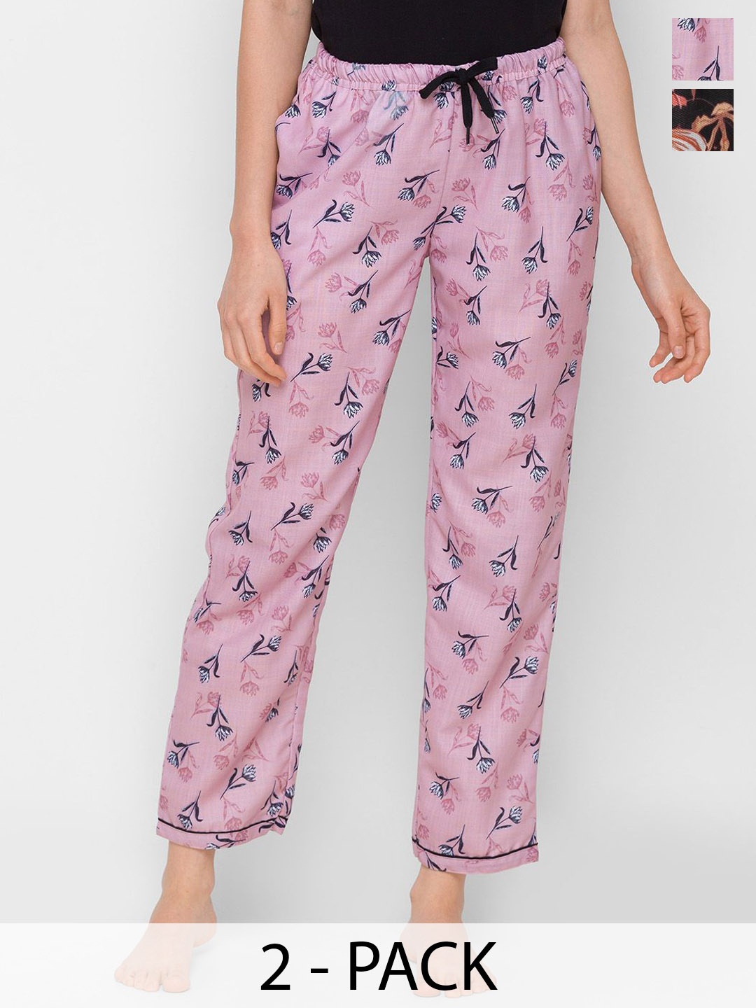 

NOIRA Women Pack Of 2 Printed Mid Rise Straight Lounge Pants, Pink