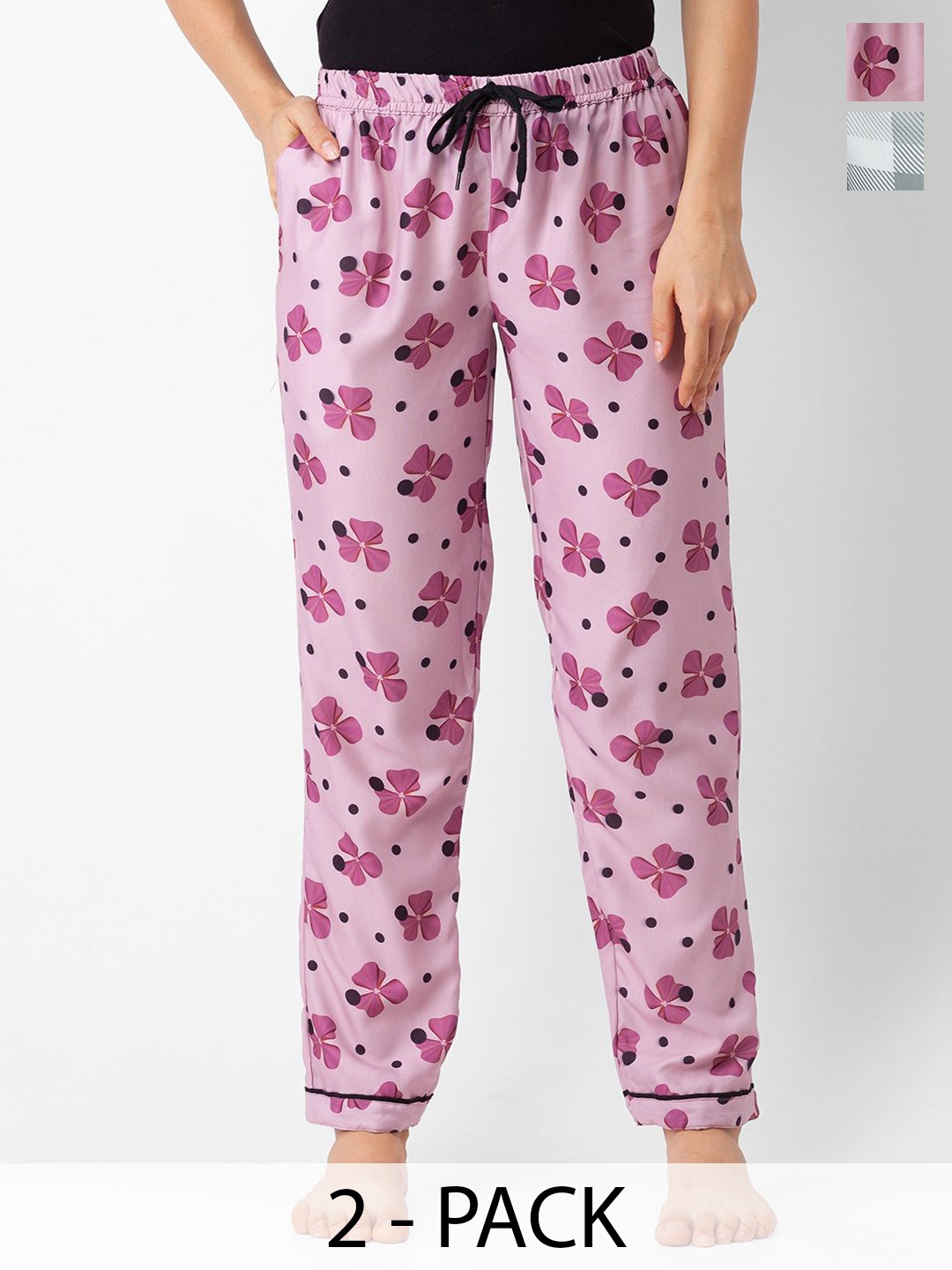 

NOIRA Women Pack Of 2 Printed Mid-Rise Straight Leg Lounge Pants, Pink