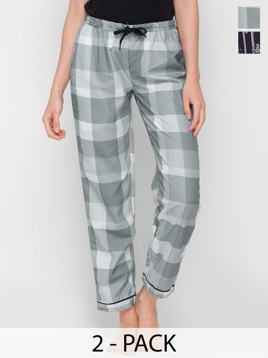 

NOIRA Women Pack Of 2 Printed Mid-Rise Lounge Pants, Grey