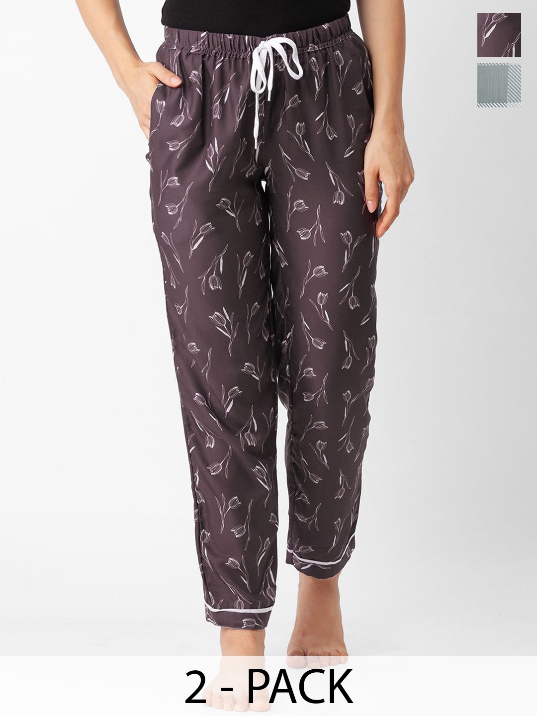 

NOIRA Women Pack Of 2 Printed Mid-Rise Lounge Pants, Brown