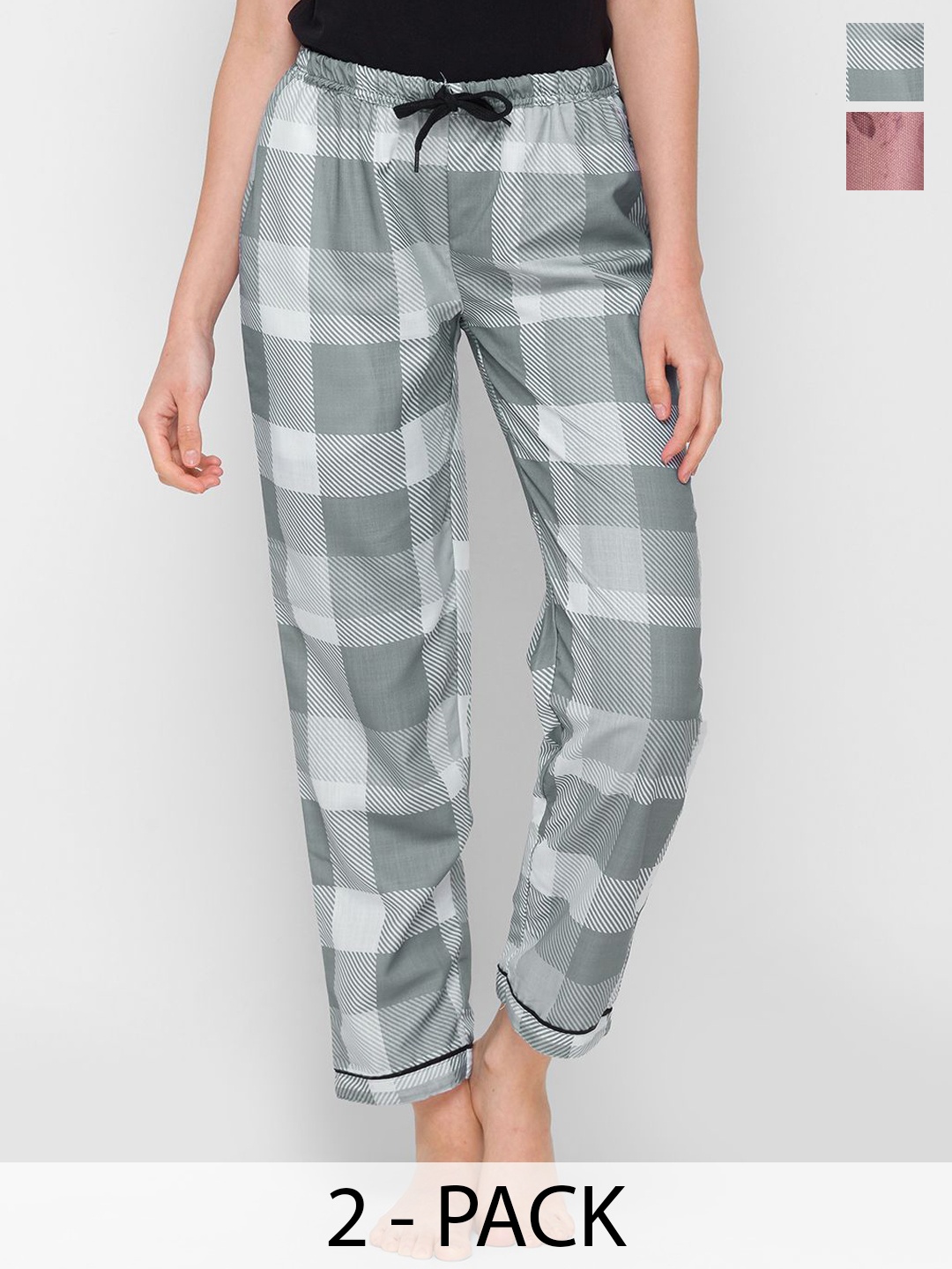 

NOIRA Women Pack Of 2 Printed Cotton Mid-Rise Lounge Pants, Grey
