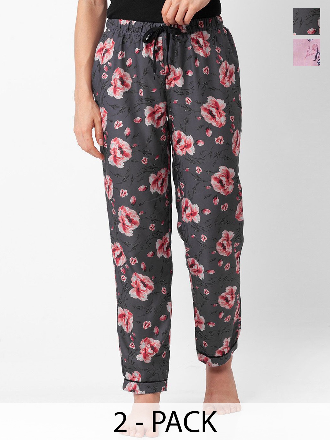 

NOIRA Women Pack Of 2 Printed Mid-Rise Lounge Pants, Grey