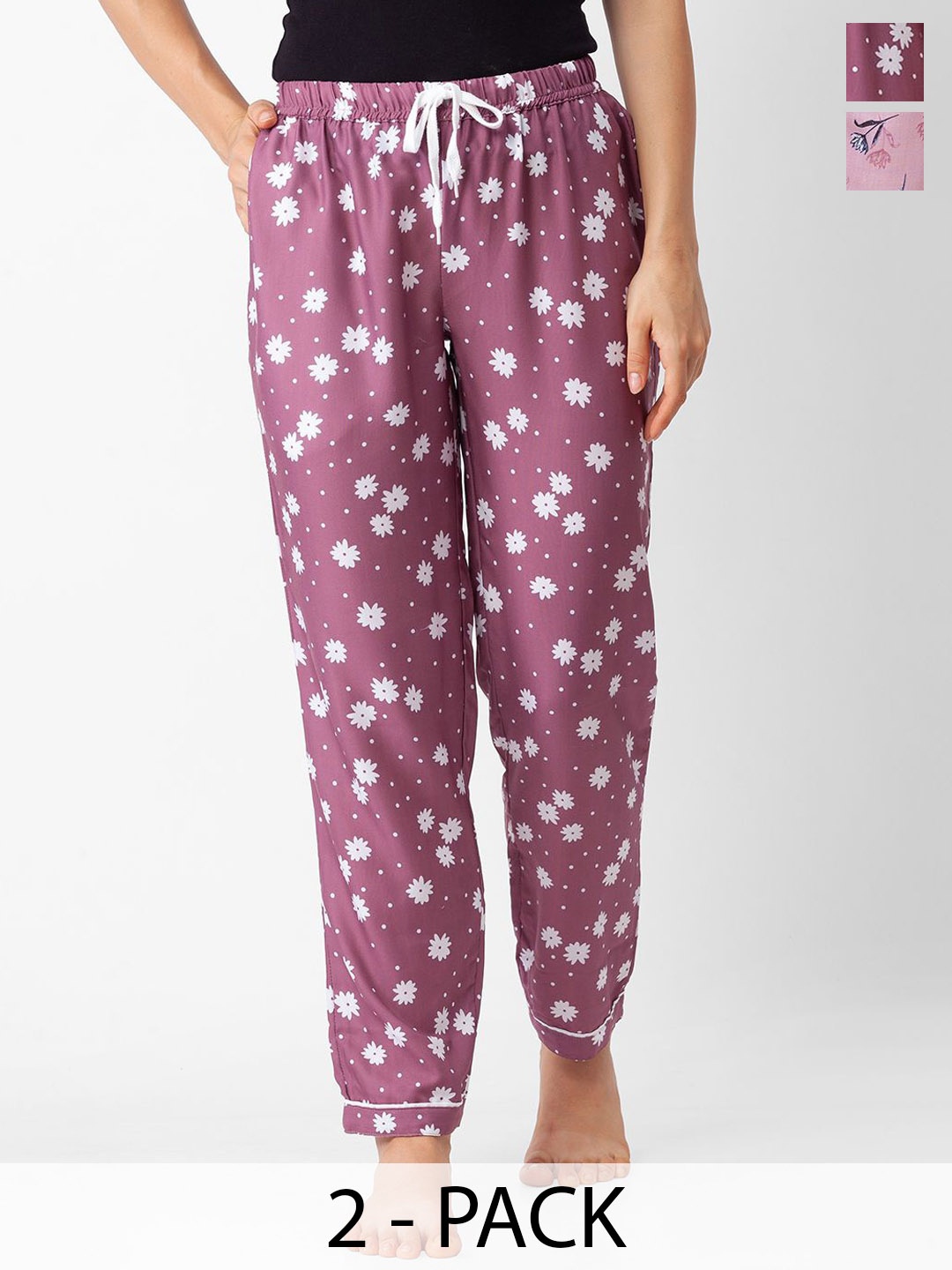 

NOIRA Women Pack Of 2 Printed Mid-Rise Lounge Pants, Pink