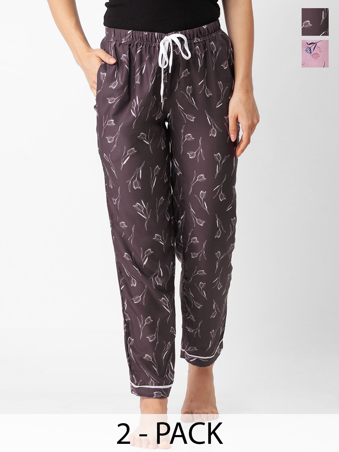 

NOIRA Women Pack Of 2 Printed Mid-Rise Lounge Pants, Brown