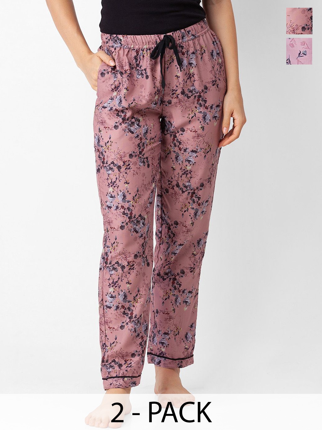 

NOIRA Women Pack Of 2 Printed Mid-Rise Lounge Pants, Pink