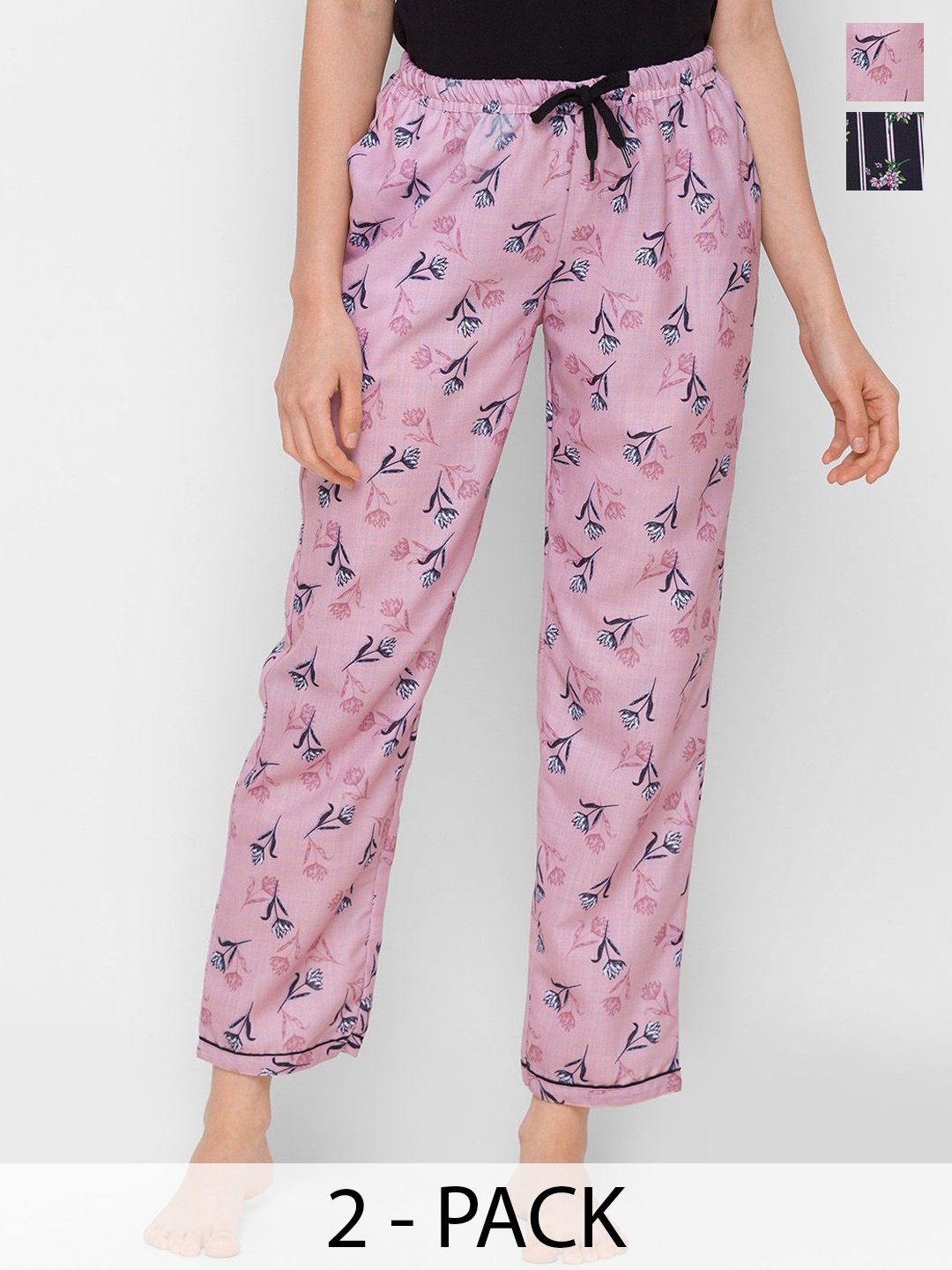 

NOIRA Women Pack Of 2 Printed Mid-Rise Lounge Pants, Pink