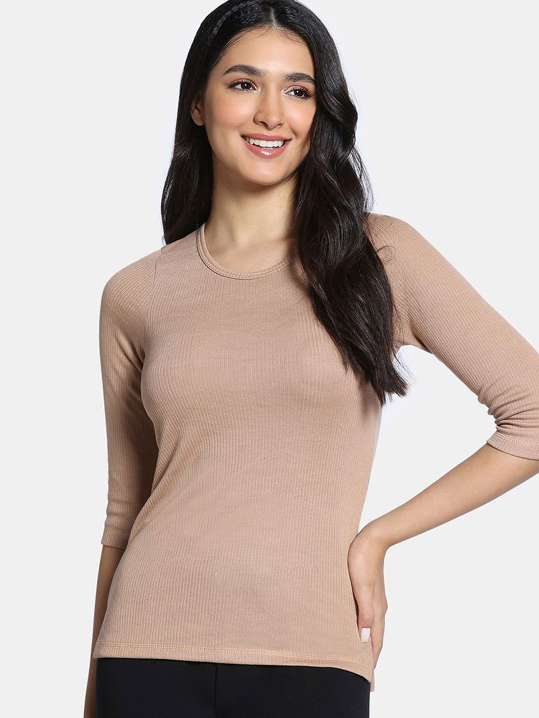 

Zivame Women Round Neck Ribbed Top, Nude