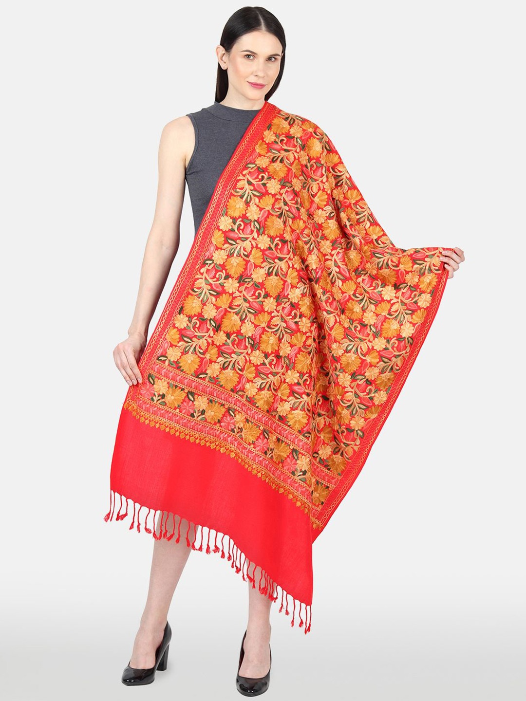 

MUFFLY Women Floral Embroidered Shawl, Red